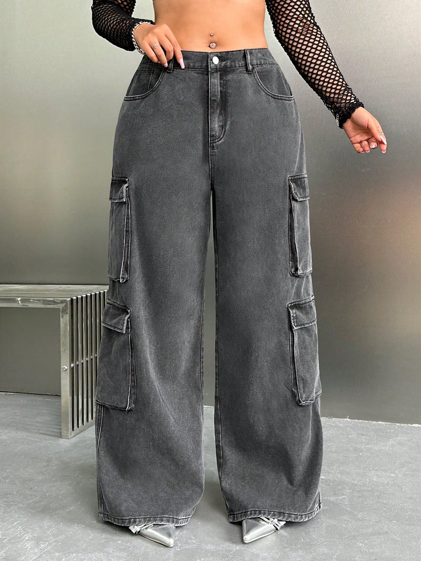 SHEIN ICON Y2K High Waist Black Cargo Pocket plus Size Straight Leg Jeans
