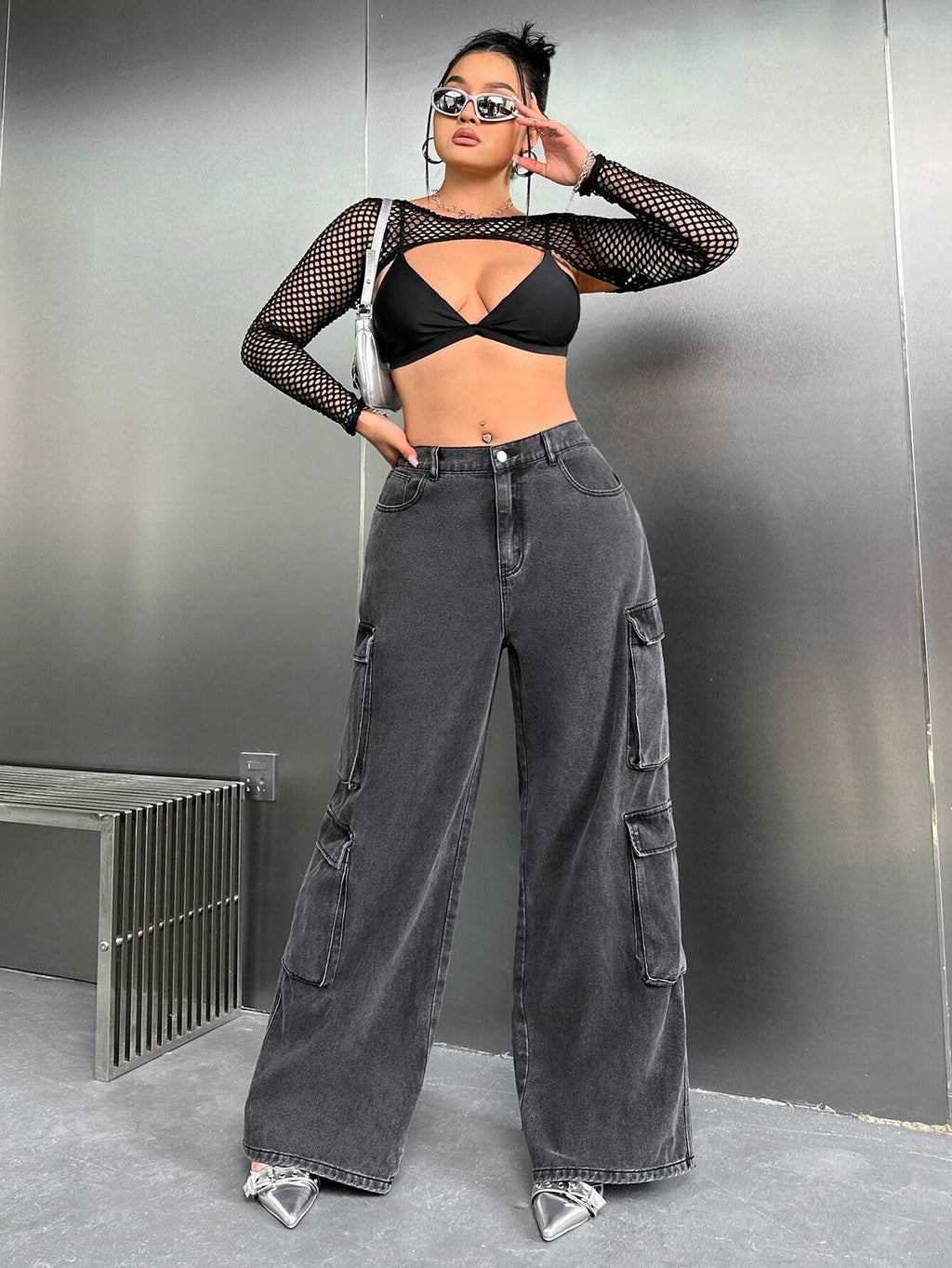 SHEIN ICON Y2K High Waist Black Cargo Pocket plus Size Straight Leg Jeans