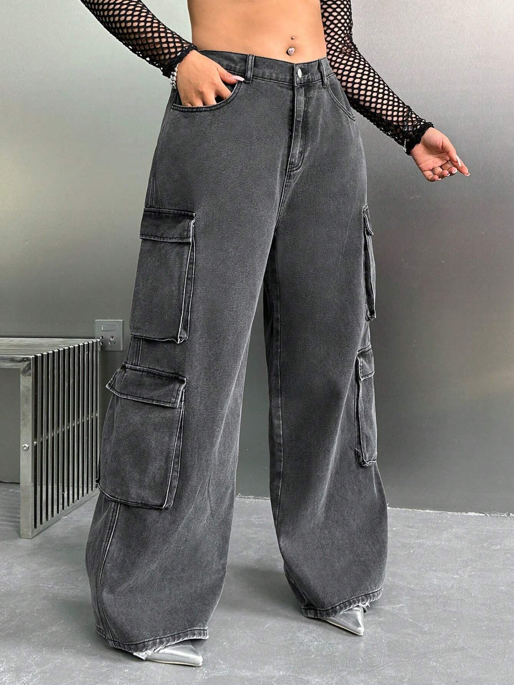SHEIN ICON Y2K High Waist Black Cargo Pocket plus Size Straight Leg Jeans
