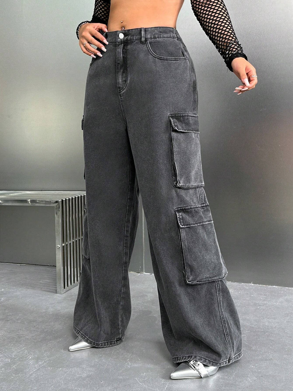 SHEIN ICON Y2K High Waist Black Cargo Pocket plus Size Straight Leg Jeans