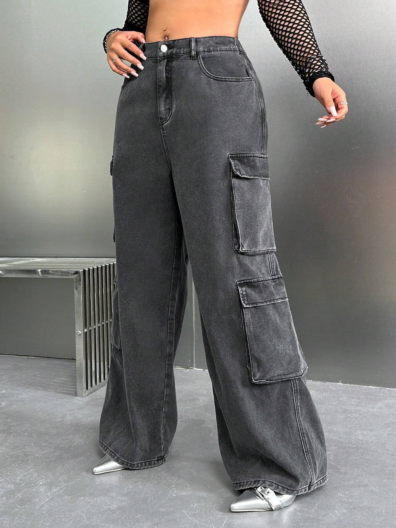 SHEIN ICON Y2K High Waist Black Cargo Pocket plus Size Straight Leg Jeans