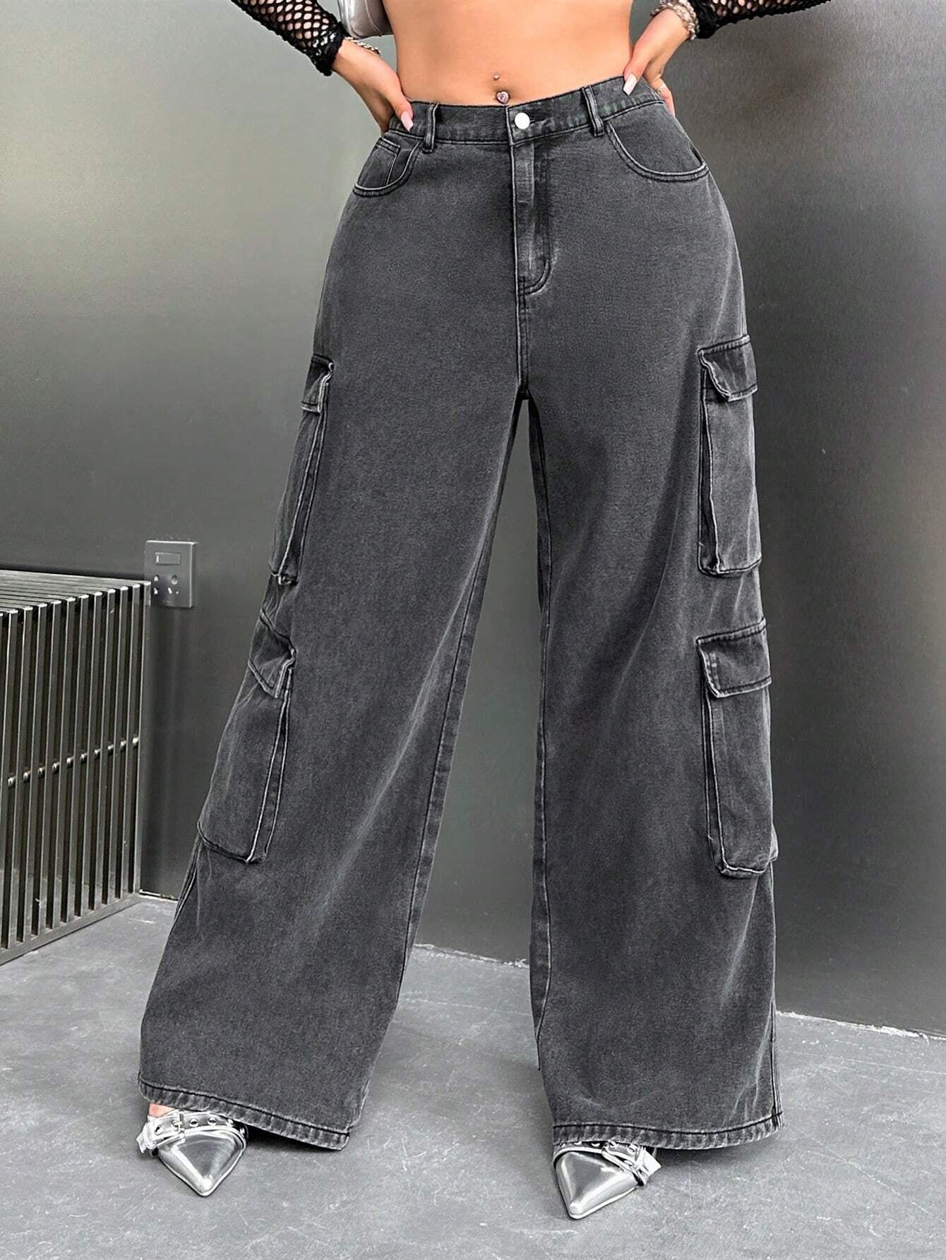 SHEIN ICON Y2K High Waist Black Cargo Pocket plus Size Straight Leg Jeans