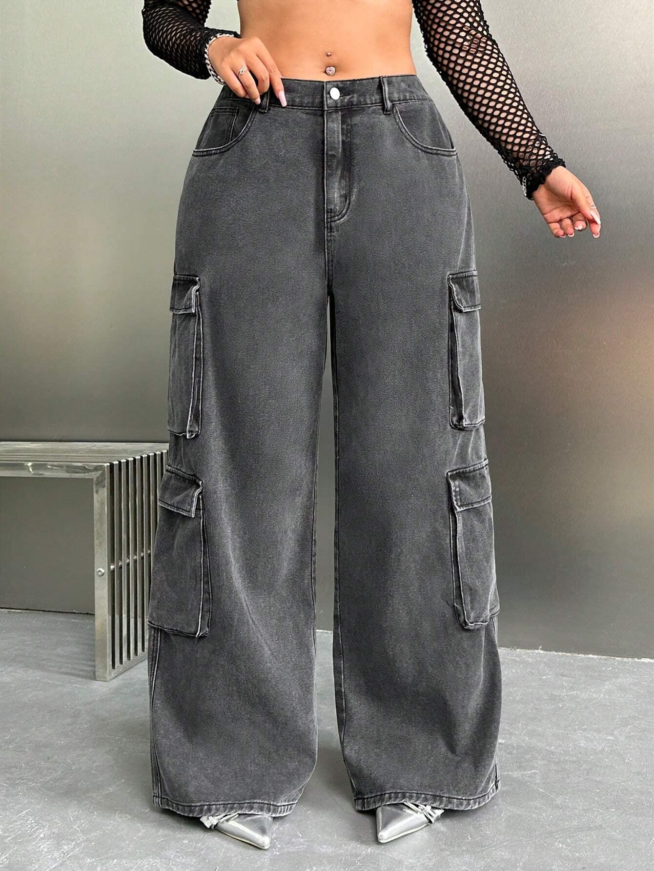 SHEIN ICON Y2K High Waist Black Cargo Pocket plus Size Straight Leg Jeans