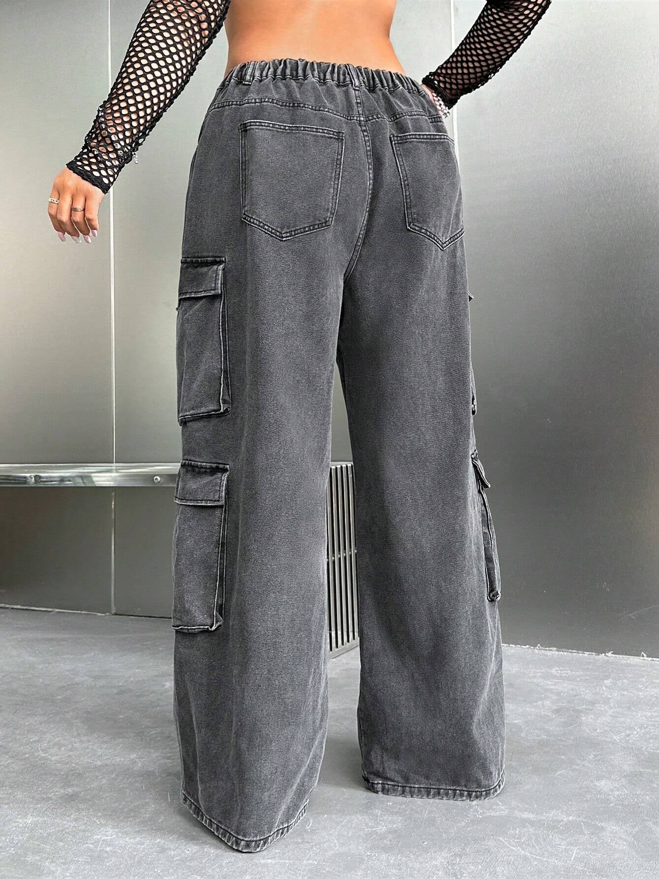 SHEIN ICON Y2K High Waist Black Cargo Pocket plus Size Straight Leg Jeans